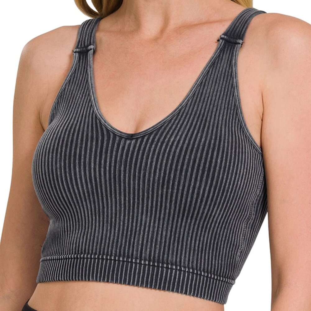 Washed Ribbed Cropped Seamless Bra Padded Tank Top Brami - Ash Black